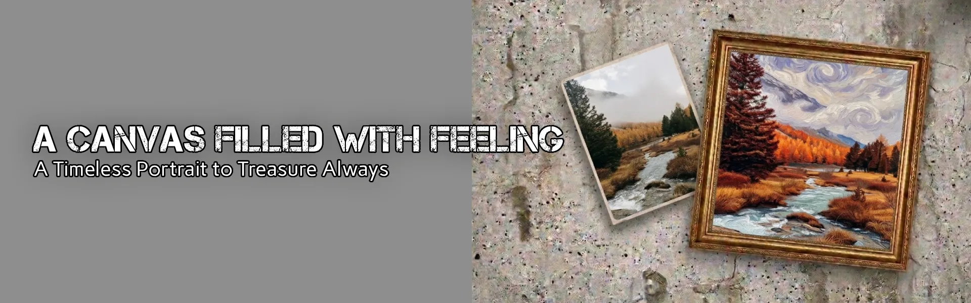 Custom landscape painting showing photo‑to‑art transformation in ornate frame.